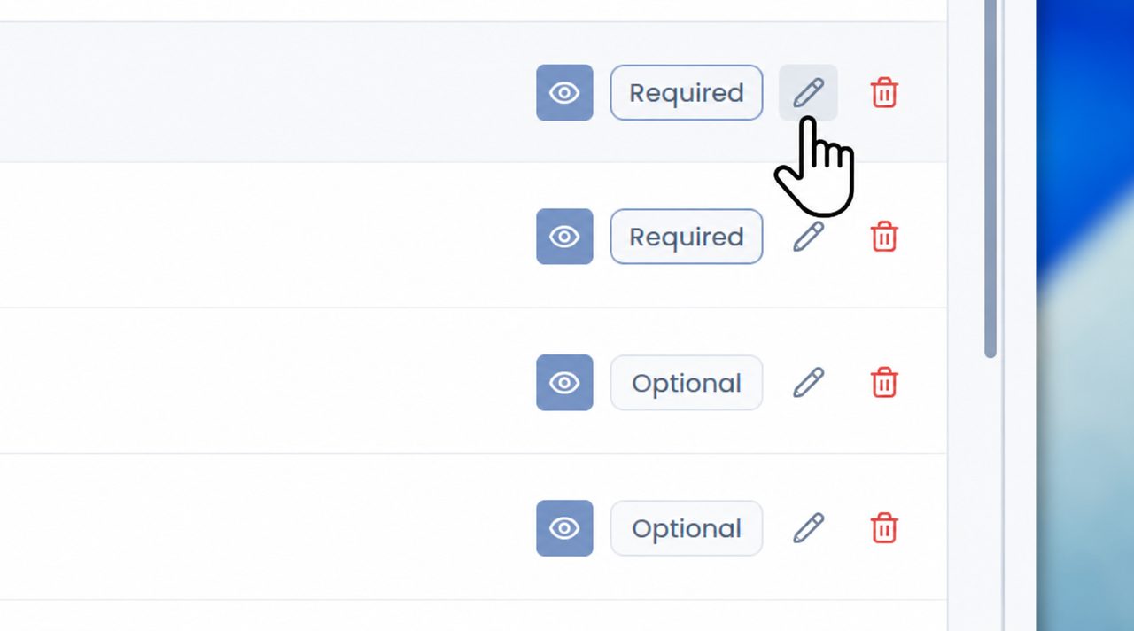 Activity list in the authoring tool with preview, required or optional status, edit and delete controls on each element