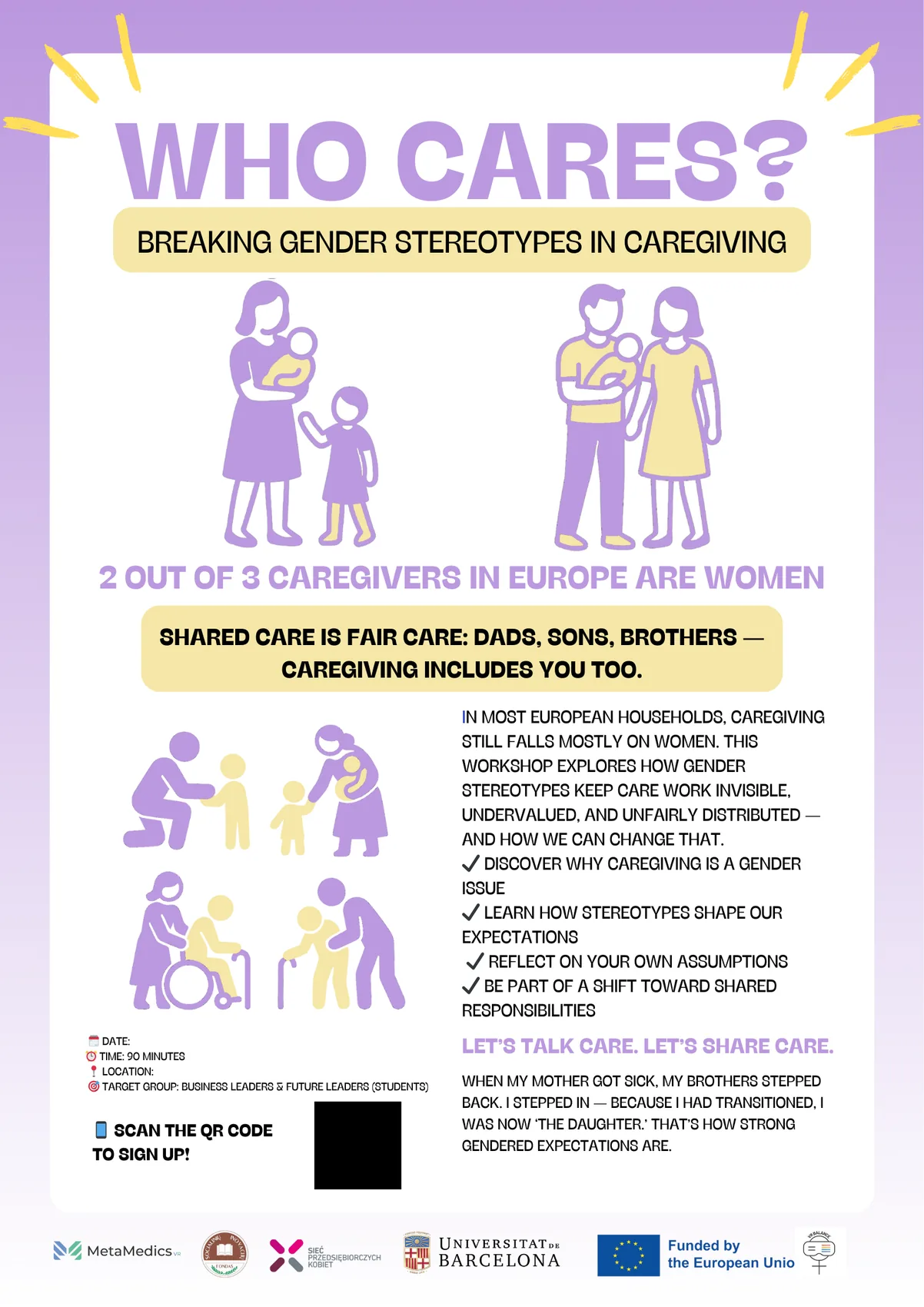 Workshop poster — Who Cares? Breaking gender stereotypes in caregiving.